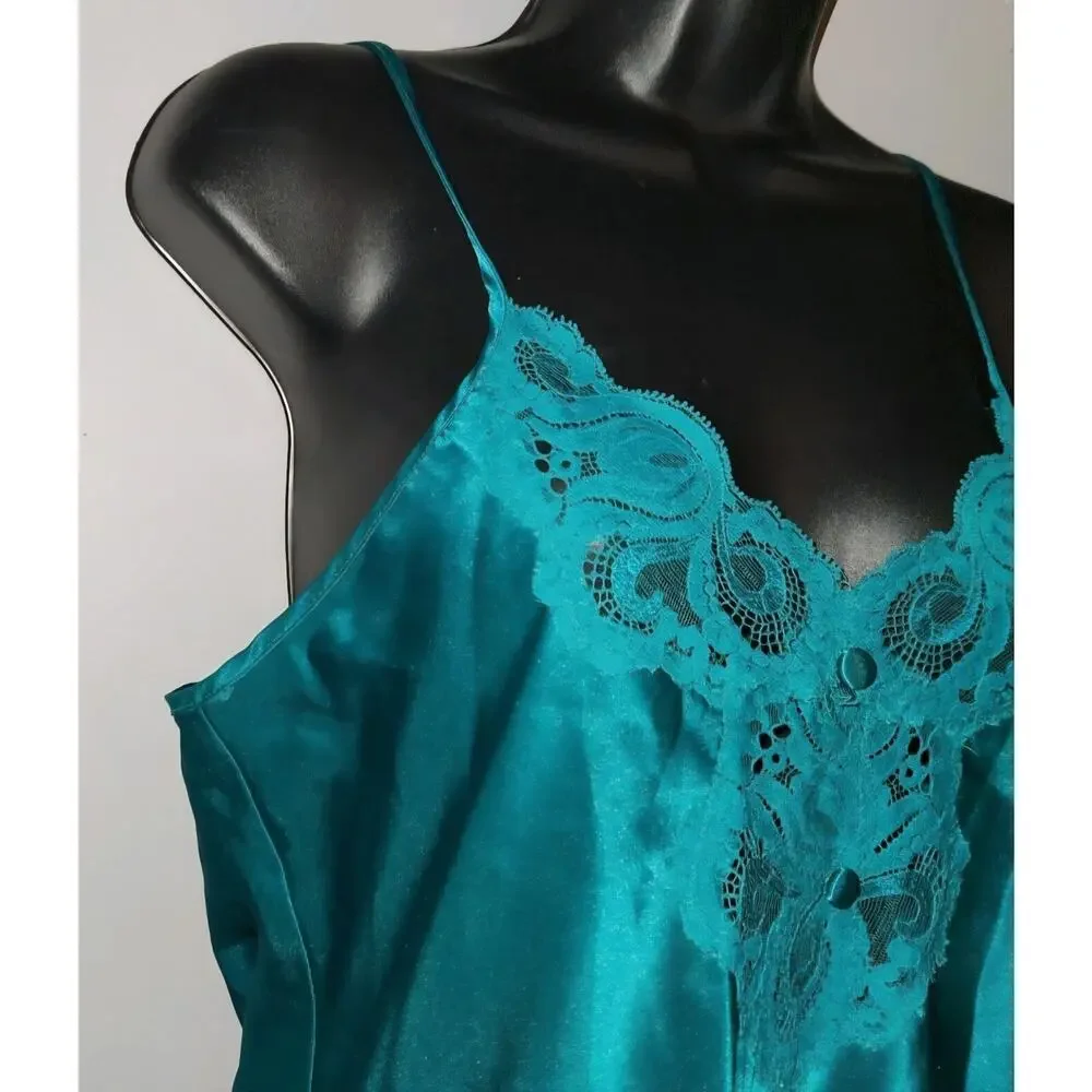 Vtg 80's Lace Trim Satin Baby Doll Nightgown Small Inner Most Emerald Green